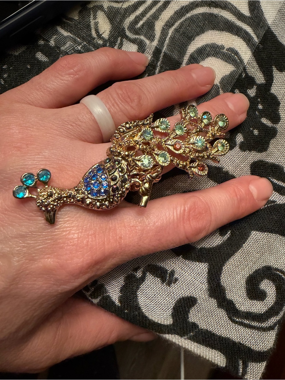 Gold Peacock Brooch with Blue and Green Crystals